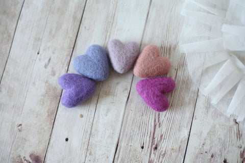 girl party pink mauve lavender lilac felted wool hearts newborn photography prop SET