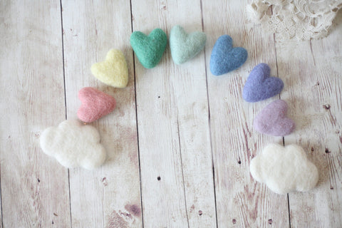 pastel rainbow felted wool hearts newborn photography prop clouds