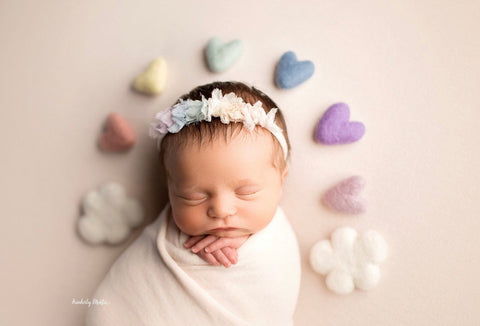 pastel rainbow felted wool hearts newborn photography prop WITH clouds
