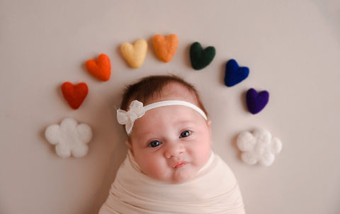 rainbow felted wool hearts with CLOUDS newborn photography prop felt heart set