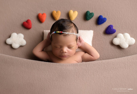 rainbow felted wool hearts with CLOUDS newborn photography prop felt heart set