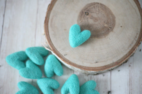 Single aquamarine teal aqua turquoise felted wool hearts felt heart newborn photography prop