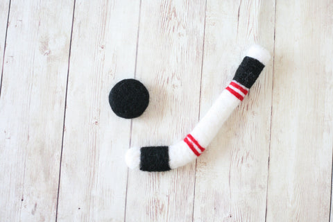 wool felted hockey stick and puck newborn photography prop