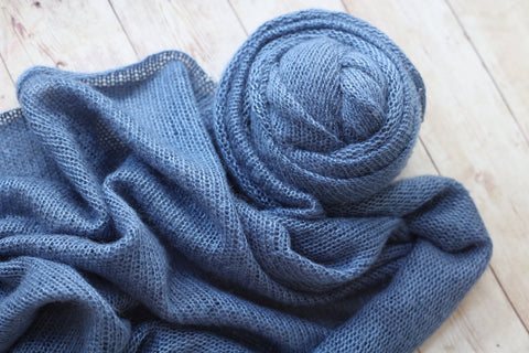 Adrian Collection  denim blue stretch knit posing fabric wrap