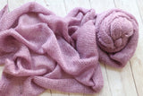 Adrian Collection SET open knit mauve rose sweater stretch swaddle wrap beanbag posing fabric tieback