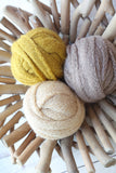 Adrian Collection SET open knit khaki tan stretch swaddle wrap beanbag posing fabric tieback