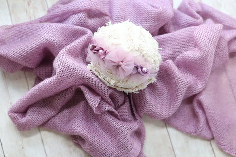 Adrian Collection SET mauve stretch knit posing fabric wrap mesh ruffle silk bow tieback headband