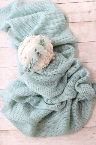 Adrian Collection SET open knit aqua mint seafoam sweater stretch swaddle wrap beanbag posing fabric tieback