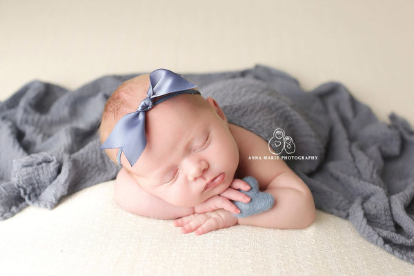 Single steel blue grey  slate vintage blue felted wool hearts felt heart newborn photography prop or simple satin bow