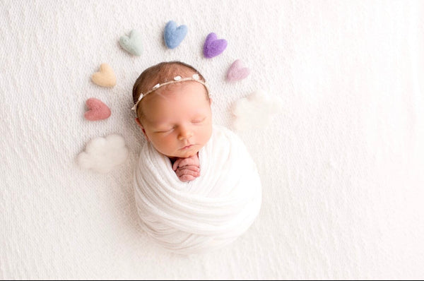 pastel rainbow felted wool hearts newborn photography prop WITH clouds