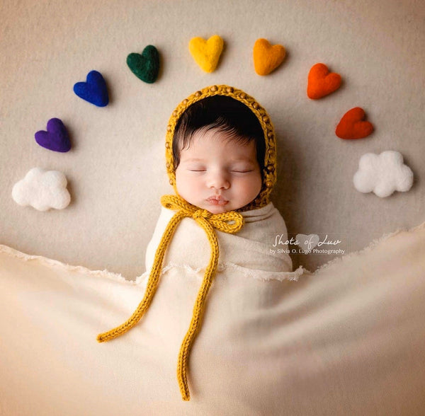 rainbow felted wool hearts with CLOUDS newborn photography prop felt heart set