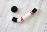 wool felted hockey stick and puck newborn photography prop