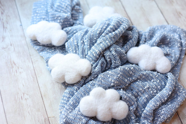 SET wool felt felted newborn photography prop clouds and sky blue stretch dotted wrap