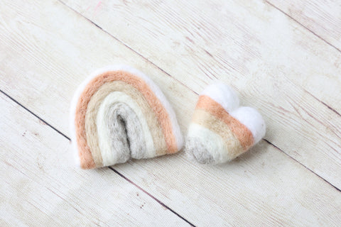 ready to ship needle felted neutral rainbow baby heart newborn photography prop felt